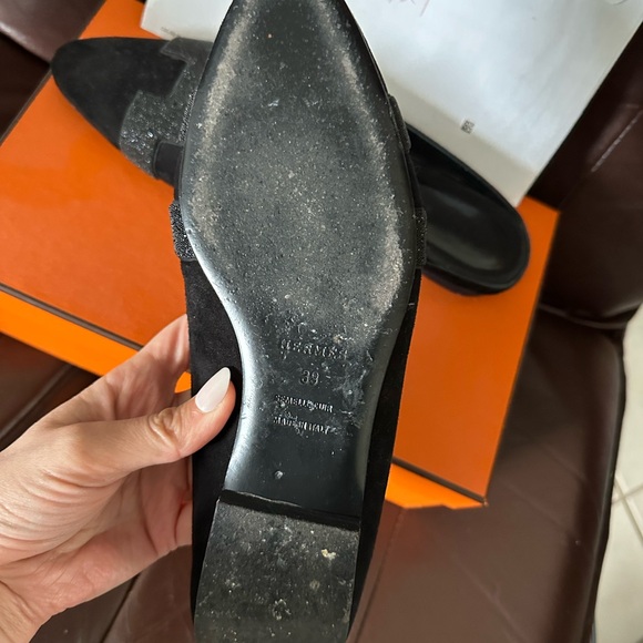 Gently worn Hermes pointed toe slide with black Strauss crystal H black suede - Picture 3 of 8